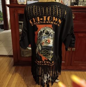 NWOT Handmade Chitown Harley-Davidson Black Cut-Out Short Sleeve Fringe Top